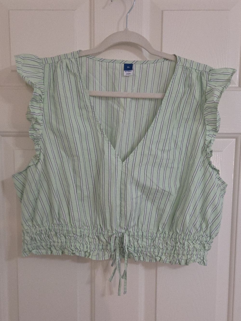 Old Navy Light Mint and Navy Striped V-Neck Ruffle Crop Top